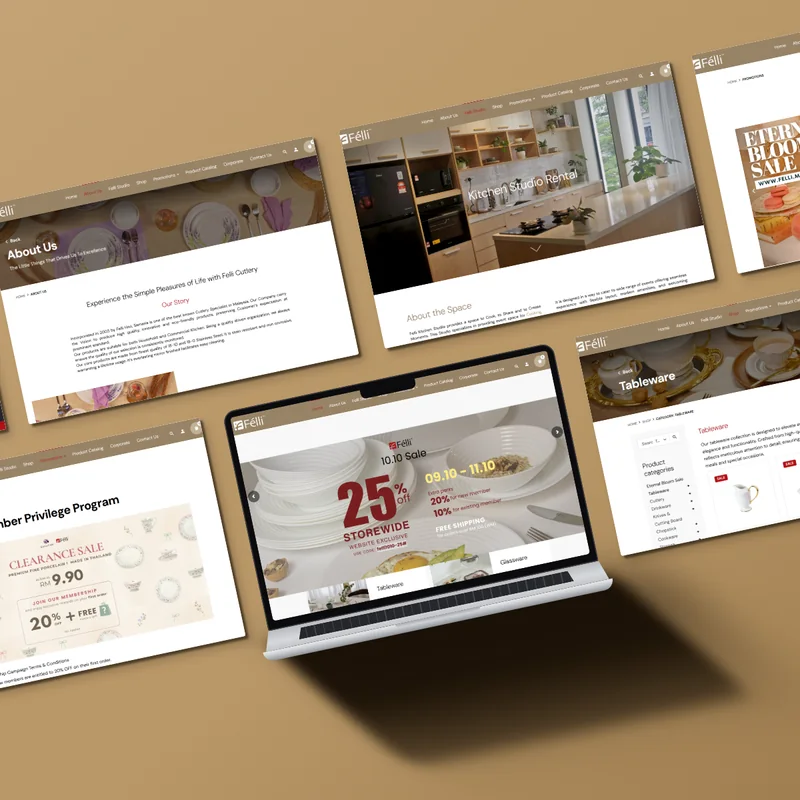 Félli website shown on a laptop and page screens