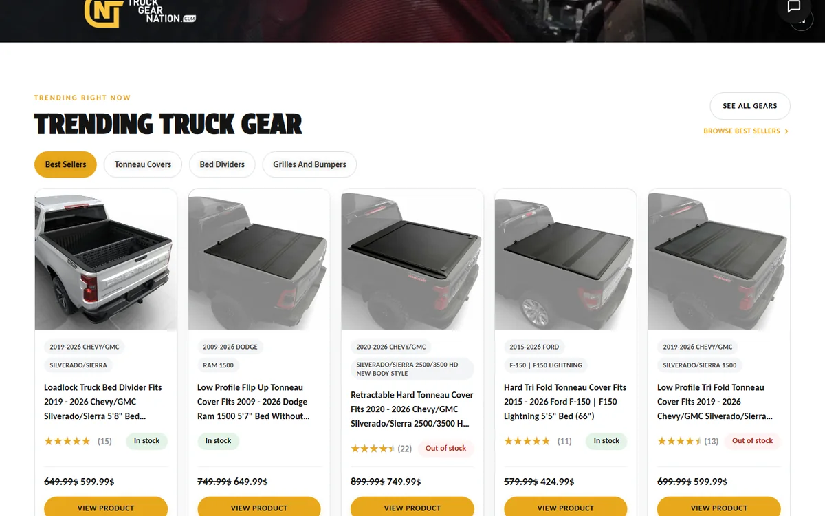 Trending gear with fitment and stock on the home page