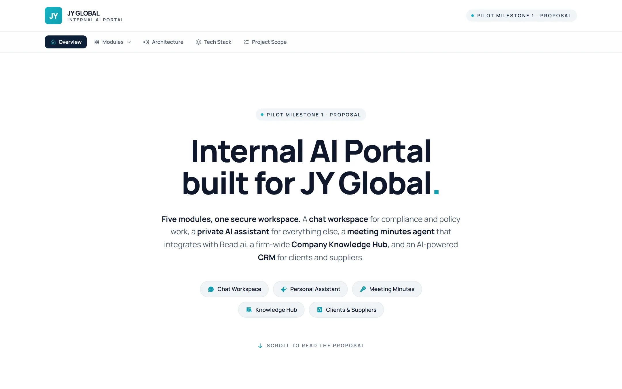 Proposal slide: The pitch: an internal AI portal built for JY Global