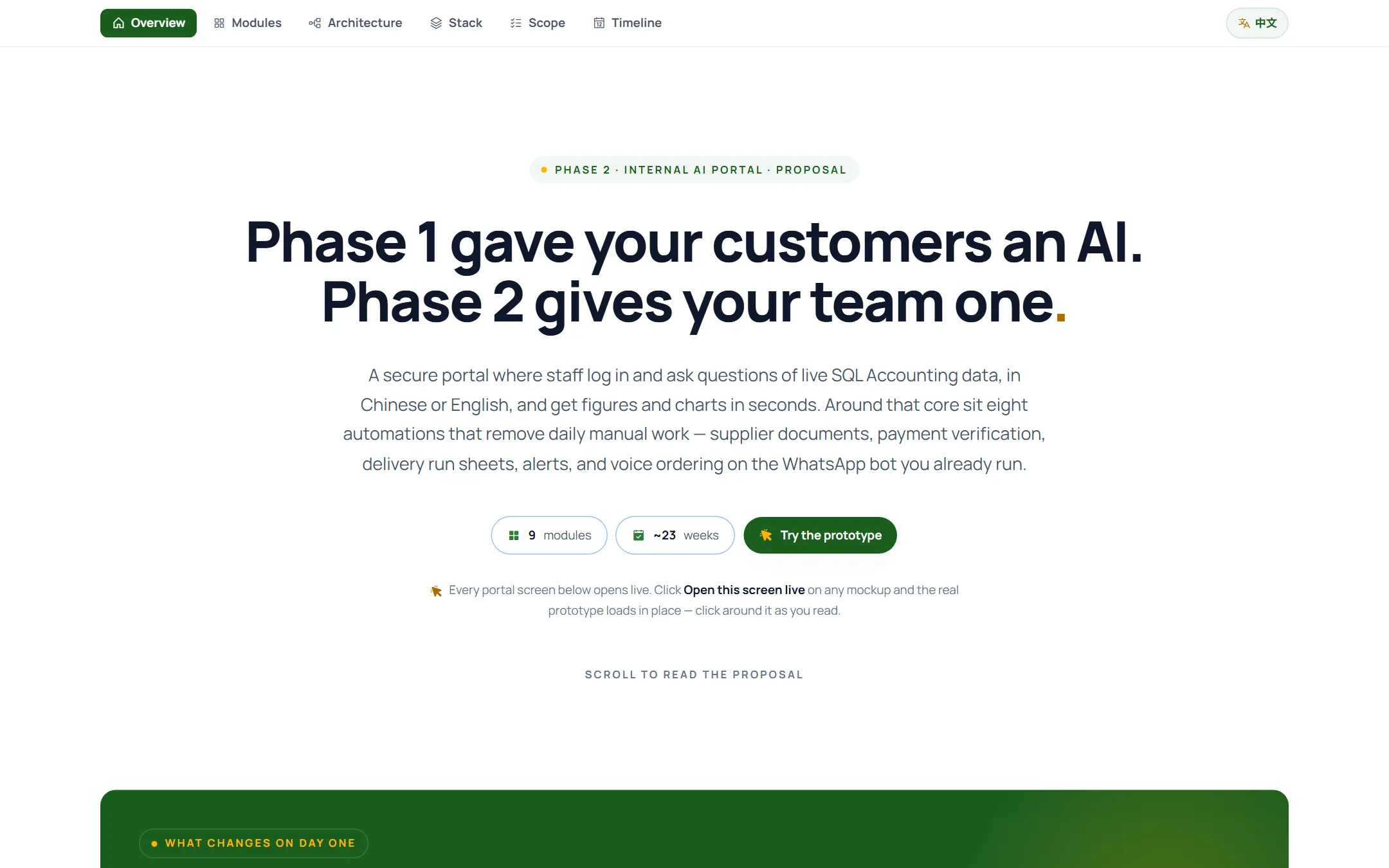 Proposal slide: The pitch: Phase 1 gave customers an AI, Phase 2 gives the team one