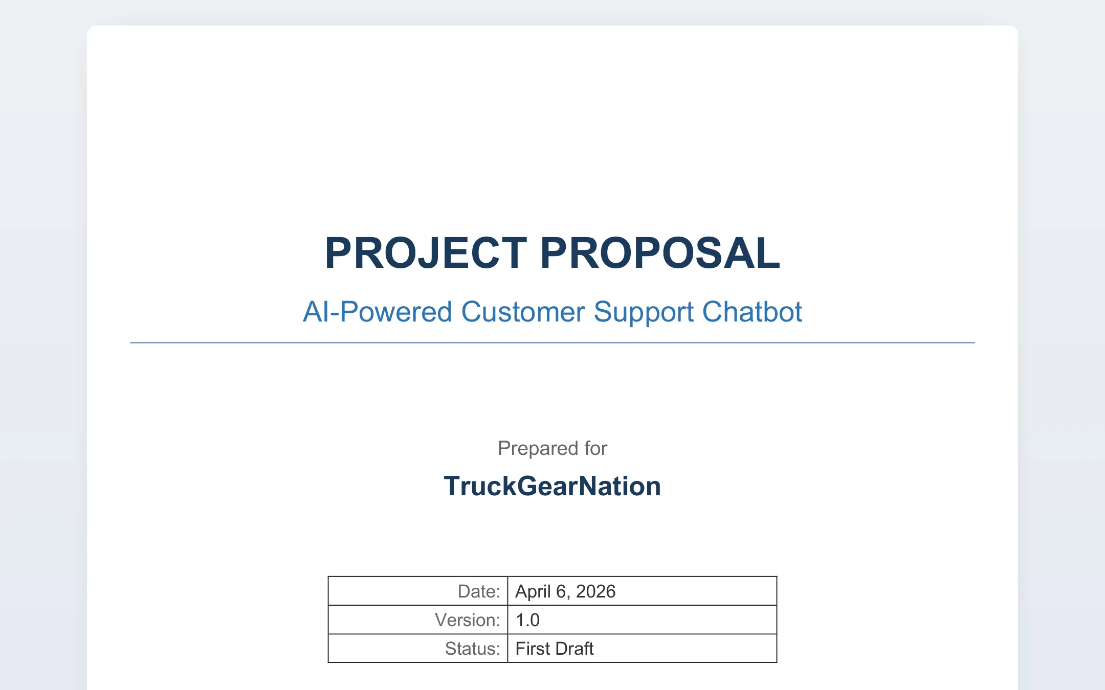Proposal cover: AI-Powered Customer Support Chatbot, prepared for TruckGearNation