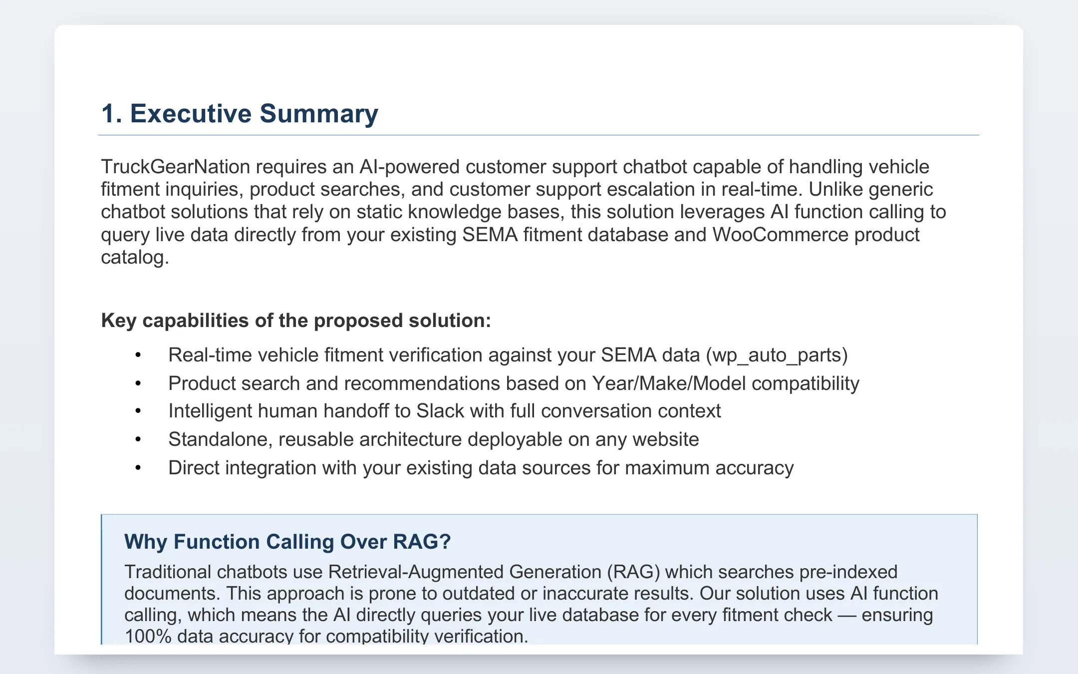 Proposal page: executive summary and why function calling over RAG