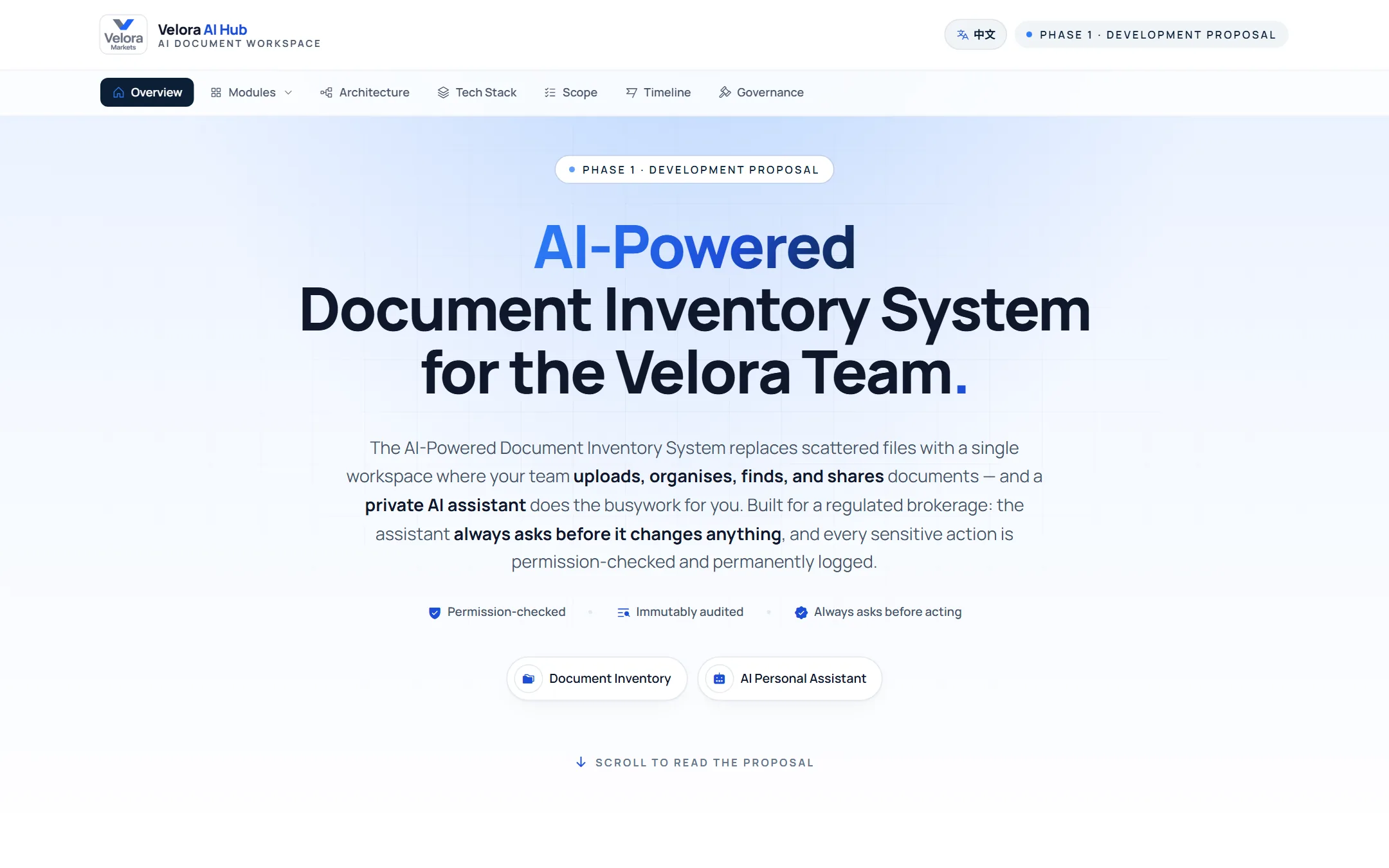 Proposal slide: The pitch: an AI document workspace built for a regulated brokerage