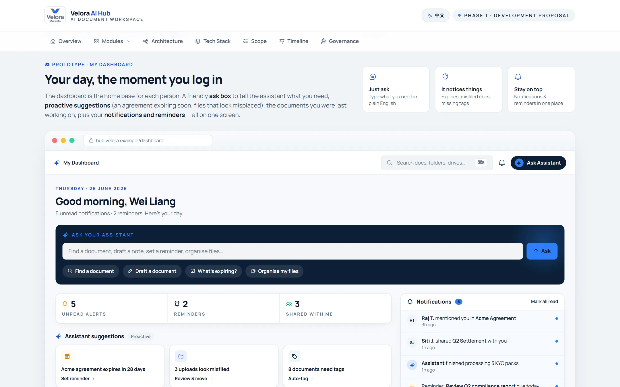 Proposal slide: Module 02 · A personal assistant that greets you with your day